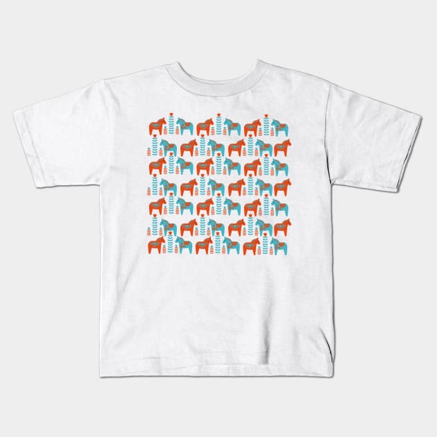 Scandinavian Folk Art Dola Horses and Flowers Pattern Kids T-Shirt by oknoki